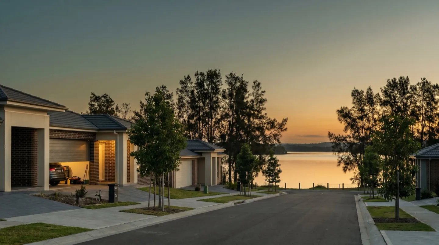 A new-estate street at dusk, each home with a builder-grade sectional garage door, one open with warm light inside