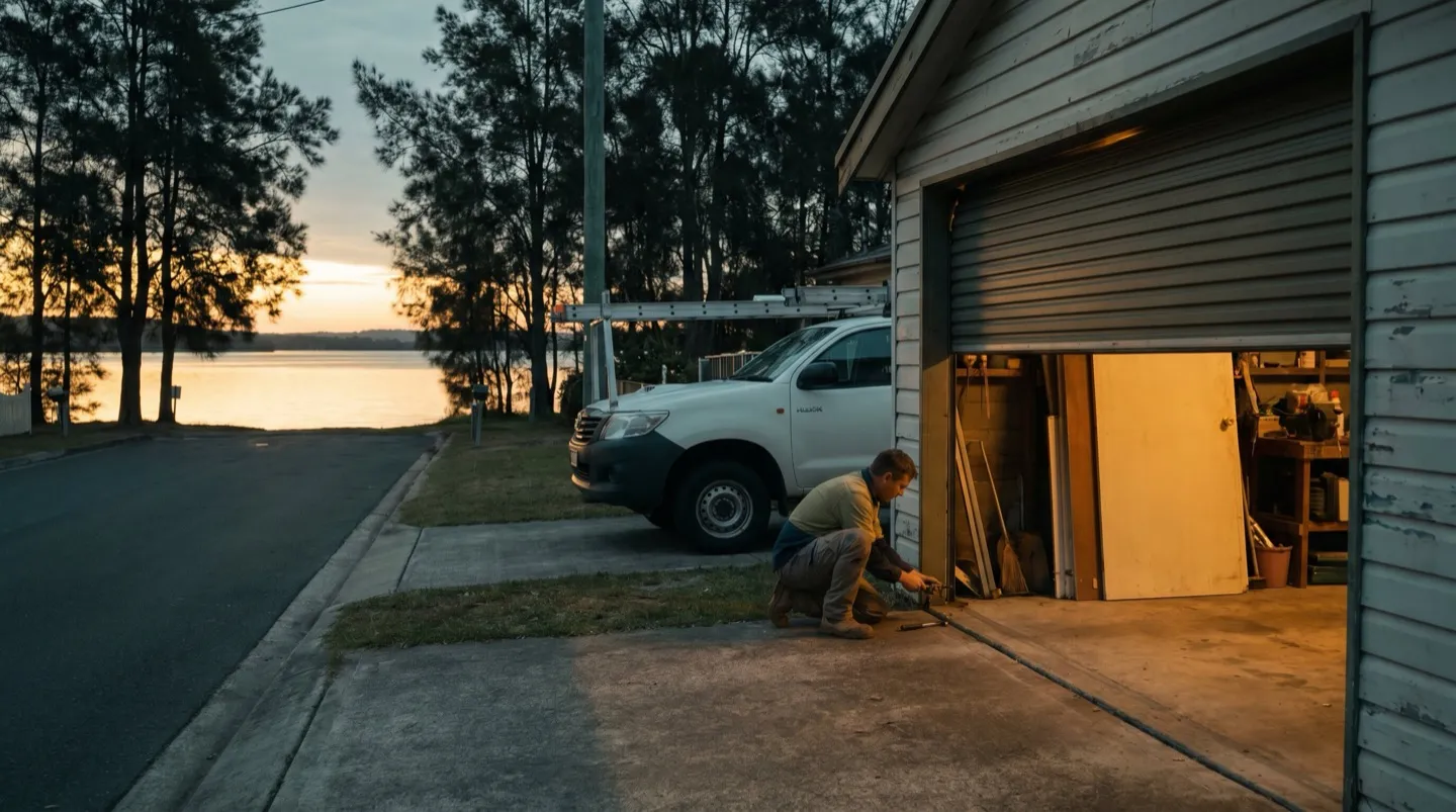 A technician working on the roller door of a lakeside home at dusk