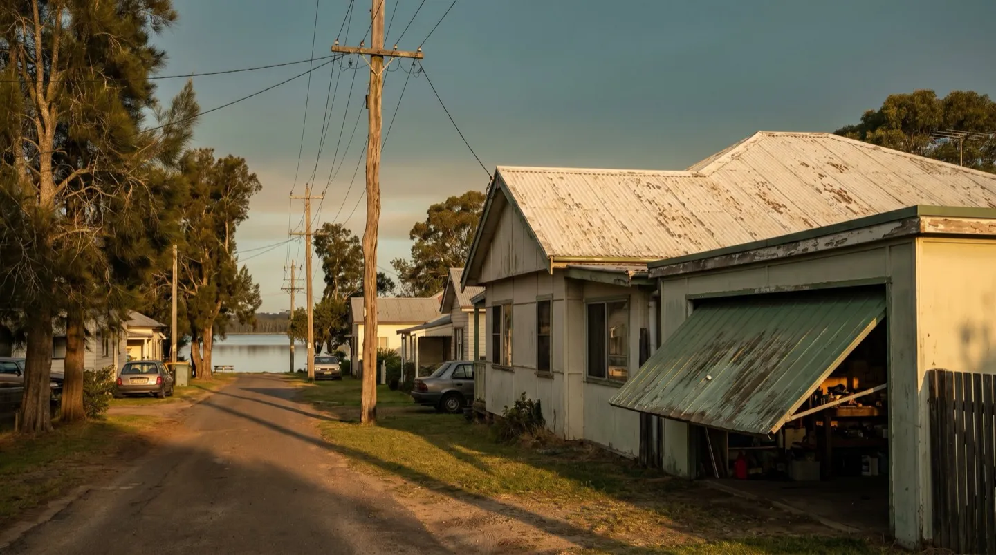 An original fibro lake-village cottage with a one-piece tilt garage door on a quiet peninsula street